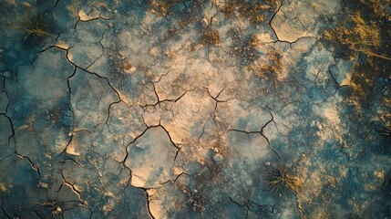 Aerial view of cracked dry earth with a light golden tint.