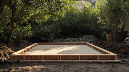 Fototapeta premium wooden formwork set up for a concrete slab foundation, precise alignment of boards around the perimeter, soil surface leveled