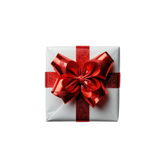 White gift box with red ribbon tied around it. Christmas or birthday element on transparent