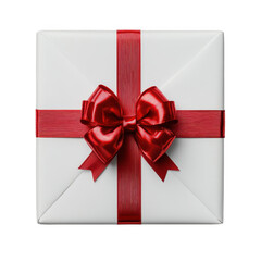 White gift box with red ribbon tied around it. Christmas or birthday element on transparent