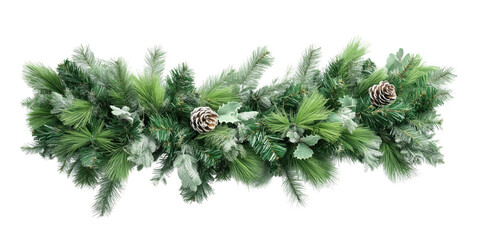 Christmas border frame with fir tree branches, ornaments, garland and pine cones. Winter holiday panorama banner on transparent © Iaroslav