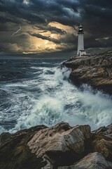 Waves crash against rocky shores as a lighthouse stands resilient under ominous storm clouds, illuminated faintly by distant lightning. A dramatic coastal moment unfolds