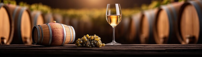 Fototapeta premium A glass of white wine beside a wooden barrel and fresh grapes, set against a backdrop of aging wine barrels illuminated by soft light.