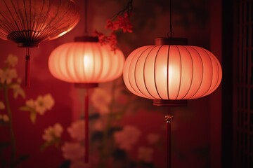 Obraz premium Red lanterns illuminate an indoor space decorated with traditional motifs during evening hours
