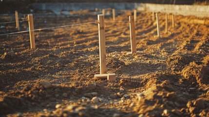construction site with wooden stakes and string outlining the foundation, strings stretched tightly between stakes, soil surface smooth