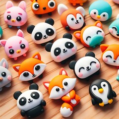 Adorable kawaii animal figurines featuring pandas, foxes, penguins, and more on a wooden background
