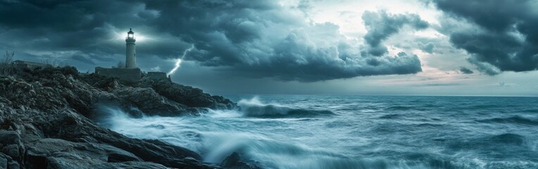 Fototapeta premium A coastal lighthouse stands tall against a stormy night sky filled with dark clouds and flashes of lightning, while powerful waves crash onto the rocky shoreline