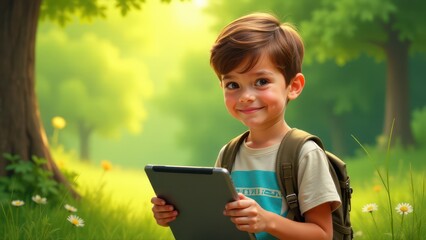 Fototapeta premium A young vlogger holds a tablet outdoors, smiling brightly in a sunlit forest. His cheerful expression highlights a moment of child vlogging or digital exploration in nature.