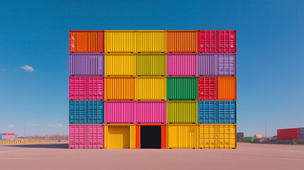 Fototapeta premium Colorful Stacked Shipping Containers Create Vibrant Grid Pattern at Industrial Port.