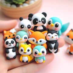 Adorable miniature polymer clay animals including foxes, pandas, and penguins with kawaii designs held in hand, soft pastel background
