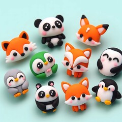 Fototapeta premium Cute polymer clay animal figurines including foxes, pandas, penguins, and birds with kawaii faces on a pastel green background 