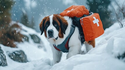 Saint bernard rescue dog carrying first aid kit walking in snow