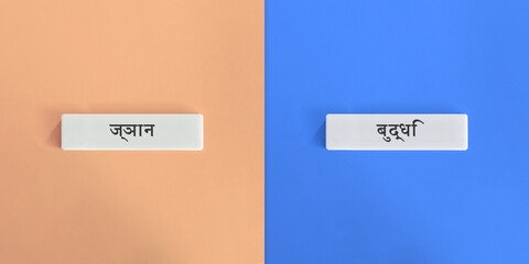 Knowledge and Wisdom Words and Banner. Text on Block Letter Tiles on Dusty Pink and Blue...