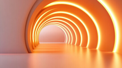 Obraz premium modern tunnel with glowing orange arches, creating warm ambiance. smooth surface reflects light, enhancing futuristic feel of space