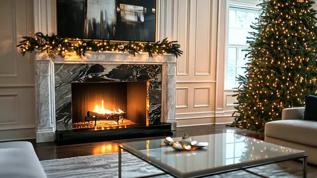 The cozy interior of a living room with a marble fireplace glowing warmly beneath a garland of pine and lights, while a tall, stylish Christmas tree adds a festive touch to the ref