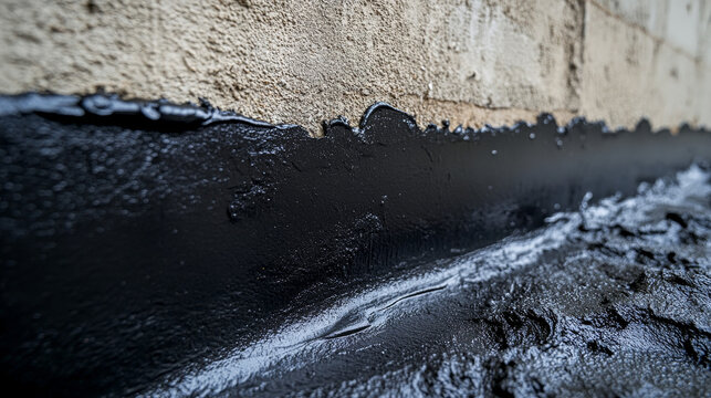  bitumen mastic coating on a foundation, thick black layer applied smoothly to protect from moisture, compacted soil base
