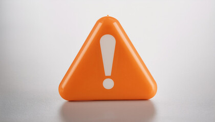Plastic orange triangle shape with exclamation mark on dark backdrop. 3D rendering. Warning sign.