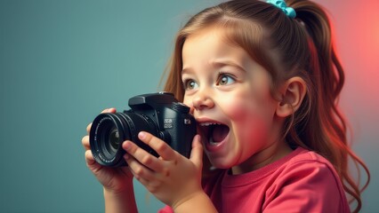 Smiling child photographer with a camera, immersed in capturing the scene. Her focused expression reflects the joy of exploring photography.