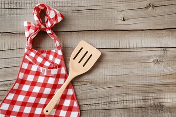 Red Gingham Apron and Wooden Spatula on Rustic Wooden Background - Powered by Adobe