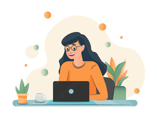 Eine Frau am Tisch arbeiten an einem Laptop, mit einer Tasse und Pflanze auf dem Tisch