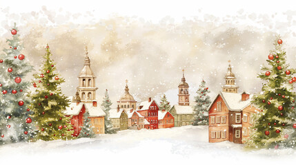 Fototapeta premium Postcard and Illustration: Quaint Snow-Covered Village Under A Gentle Winter Sky With Towering Christmas Trees And Classic European Architecture, Dusted In Fresh Snow, Amid Softly Falling Flurries