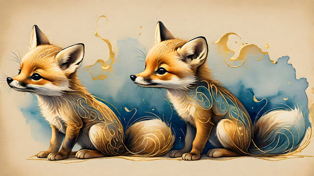Two red babay foxlings with details of gold inks and blue paint