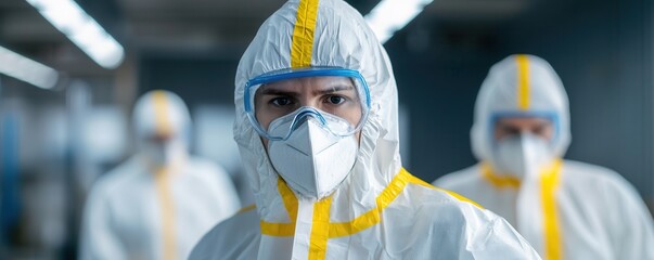 Workers in protective clothing inspecting safety protocols in facility