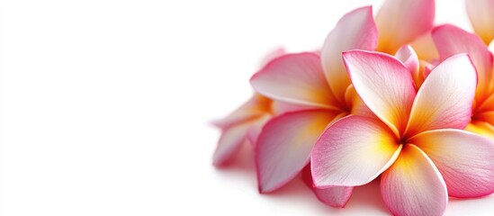 Fototapeta premium Plumeria Frangipani Temple Tree Close Up Beautiful Pink Yellow Plumeria Flowers Bouquet Isolated On White Background Close Up Tropical Flower