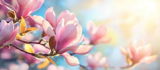 Pink Flowers Of Magnolia Tree Over Bright Blue Sky Background Closeup Photo With Selective Focus