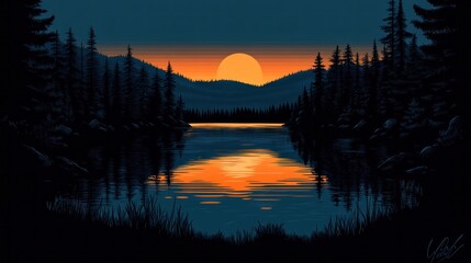 Fototapeta premium Sunset Over a Tranquil Lake