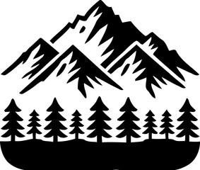 Silhouette of mountain landscape with pine trees, nature and outdoor scenery icon, wilderness illustration
