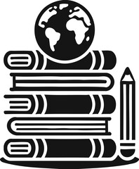 Silhouette of books with globe and pencil, education and global learning icon, knowledge and study illustration

