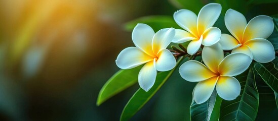 Fototapeta premium Frangipani Flowers Blooming On Green Leaves Background Closeup In The Garden