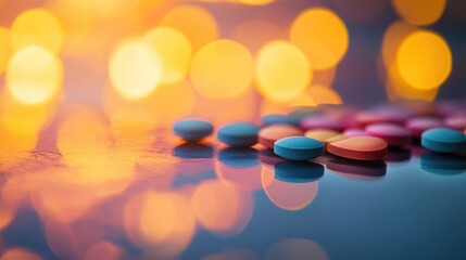 Scattered tablets on a shiny surface