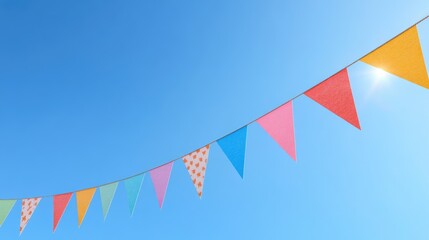 Festive bunting featuring a flag design suspended against a clear blue sky 3D Render