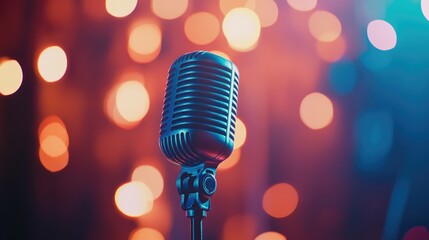 Retro microphone on stage surrounded by vibrant bokeh lights capturing the essence of a concert performance