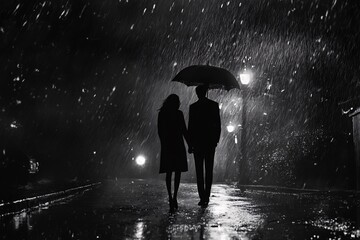 A couple walking in the rain holding an umbrella © Guy