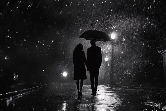 A couple walking in the rain holding an umbrella