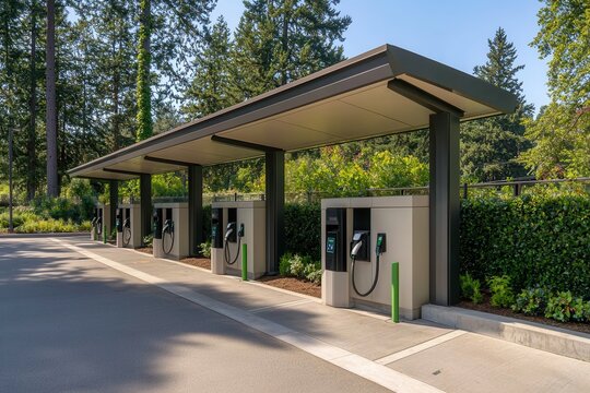 Electric vehicle charging station in green park setting, showcasing sustainability