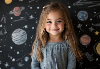 Naklejka premium Smiling Girl in Space-Themed Portrait