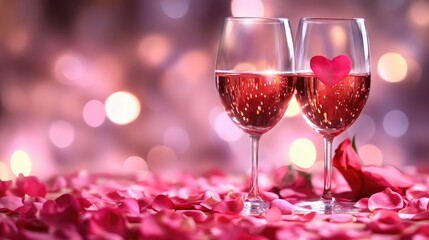 Romantic theme featuring two wine glasses adorned with pink rose petals set against a bokeh backdrop perfect for a Valentine s Day celebration