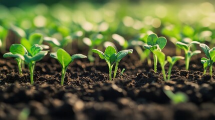 Close up of young green seedlings emerging from the soil representing agricultural growth and the essence of spring