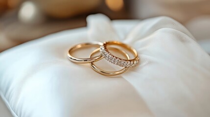 Gold wedding rings on a white ring pillow with ample space for text Elegant background suitable for wedding invitations