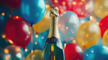 Champagne bottle and balloons celebrating an 8th anniversary celebration with a festive pop