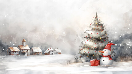Naklejka premium Snow-Covered Village Houses With Colorful Facades And Frosty Winter Background: A Charming Illustration Of Cozy Buildings In A Serene Christmas Season, Capturing The Spirit Of A Peaceful Winter Wonder