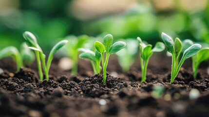 Close up of young green seedlings emerging from the soil representing agricultural growth and the essence of spring
