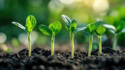 Close up of young green seedlings emerging from the soil representing agricultural growth and the essence of spring