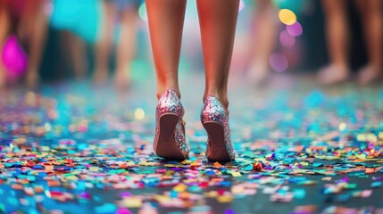 Shiny confetti scattered on the floor with legs seen illustrating post party cleanup