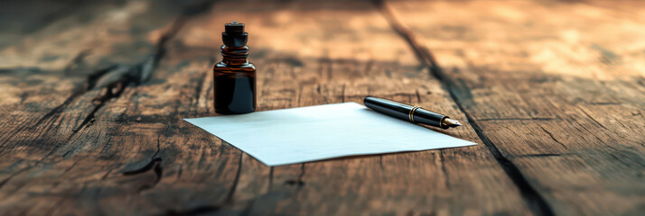Celebrating world writer day: quill and ink on wooden desk for creative inspiration. World writer day. Horizontal banner. Copy space. World Poetry Day. Literacy Day. Knowledge Day