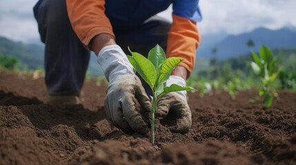 person planting young tree in rich soil, promoting environmental health